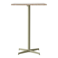 Modern green metal bar table with a natural wood grain top, featuring a sleek, minimalist design for contemporary spaces.