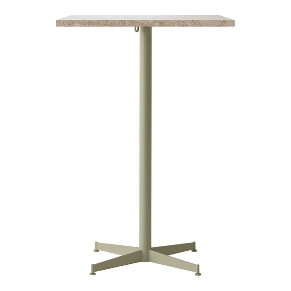 Modern green metal bar table with a natural wood grain top, featuring a sleek, minimalist design for contemporary spaces.