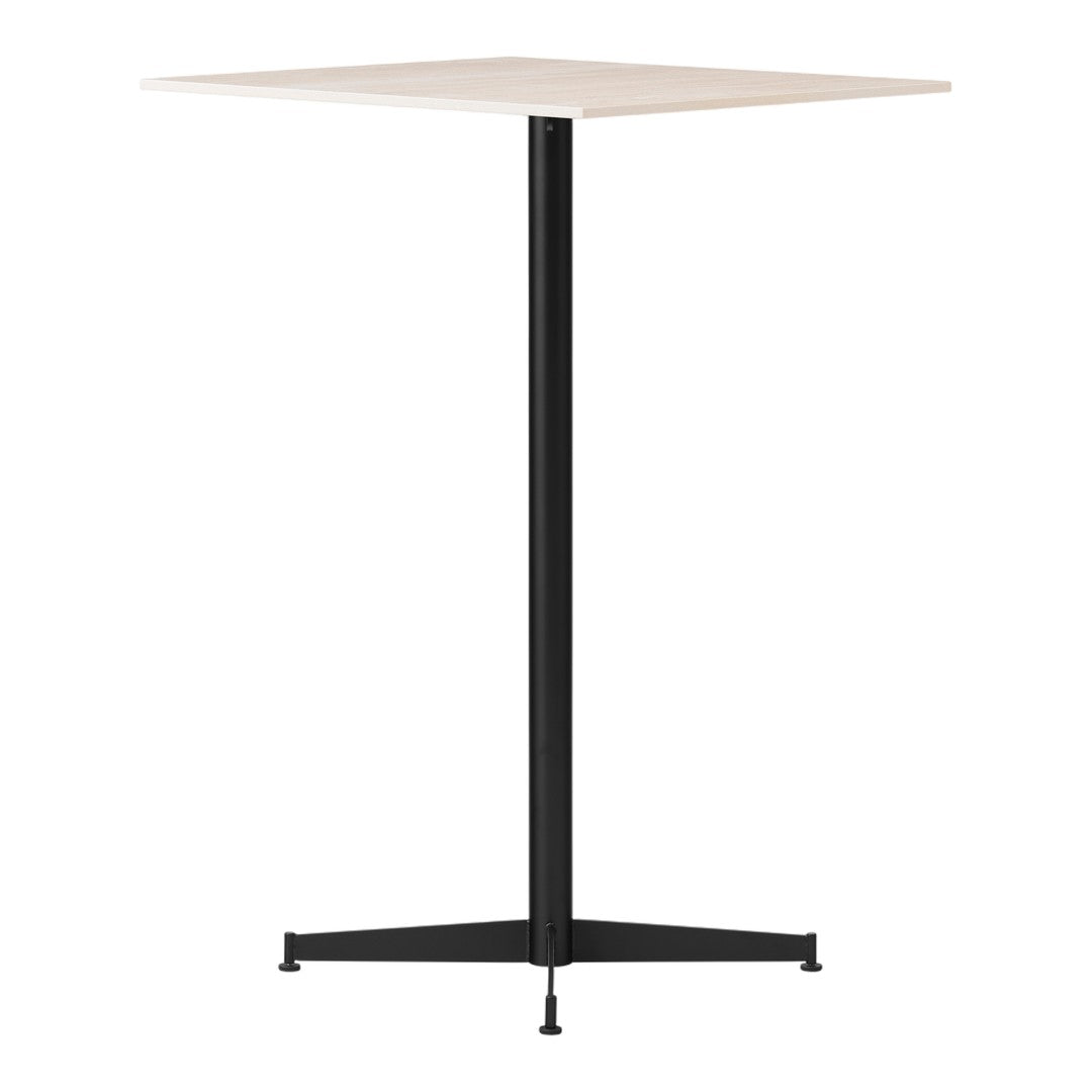 Square table with a beige top and sleek black metal base, featuring a minimalist design. Ideal for modern spaces.