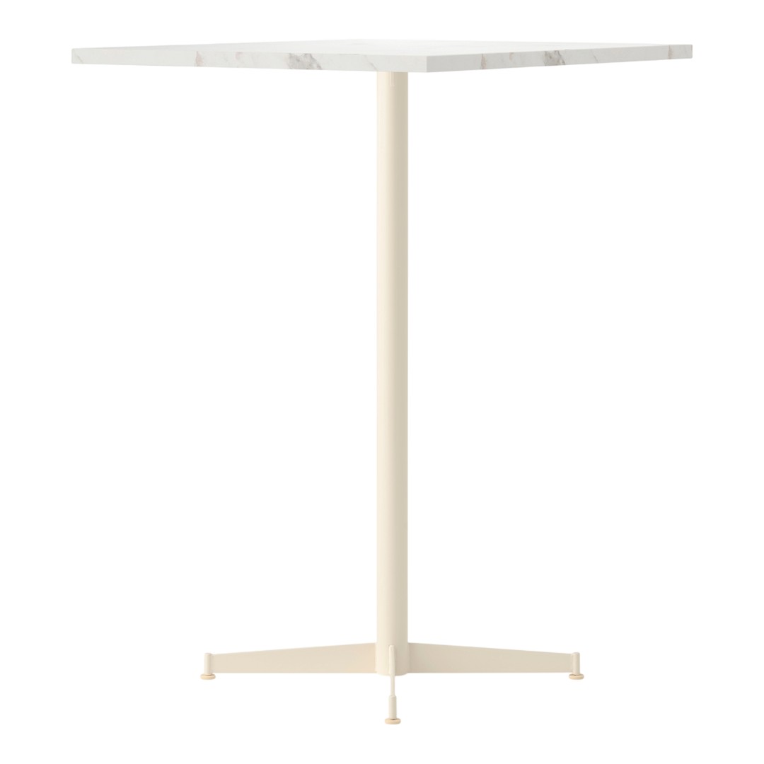 White marble tabletop with subtle gray veining, paired with a sleek cream-colored base. Modern minimalist design.