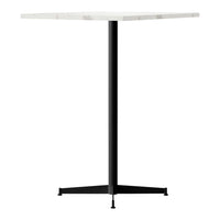 Stylish black metal base with a sleek white marble tabletop, perfect for modern decor.