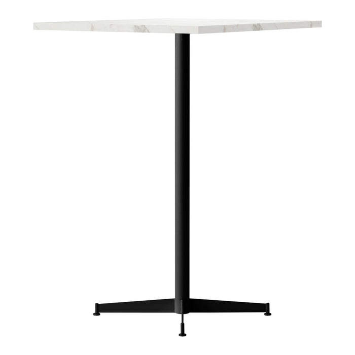 Stylish black metal base with a sleek white marble tabletop, perfect for modern decor.