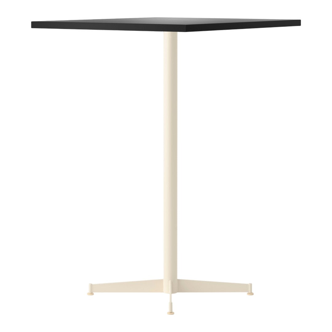 Modern square table with a sleek black top and a minimalist cream-colored base. Perfect for contemporary spaces.