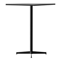 Black square table with a sleek matte finish and minimalist design, supported by a geometric base.