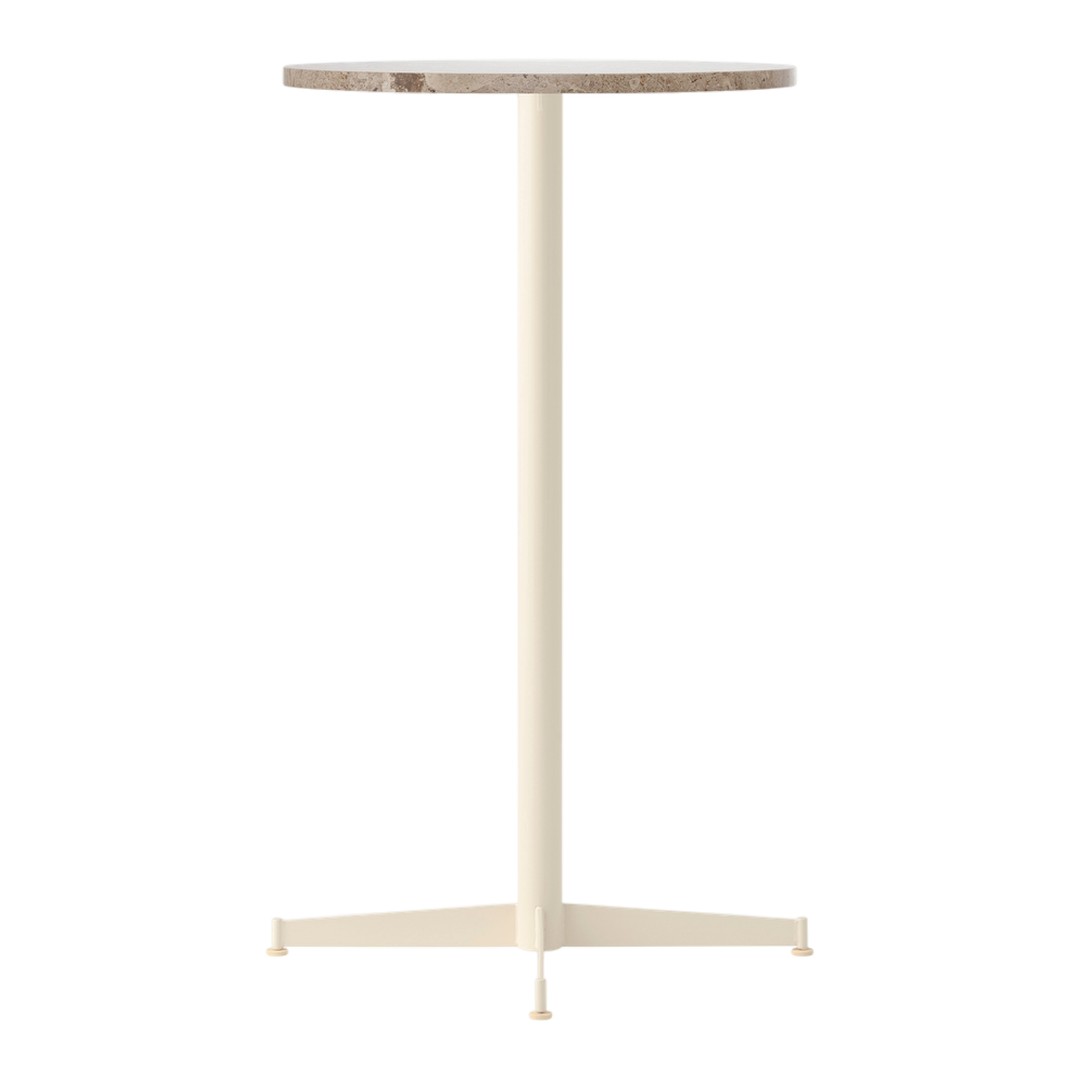 Round marble tabletop in earthy tones with a sleek cream metal base, perfect for modern decor.