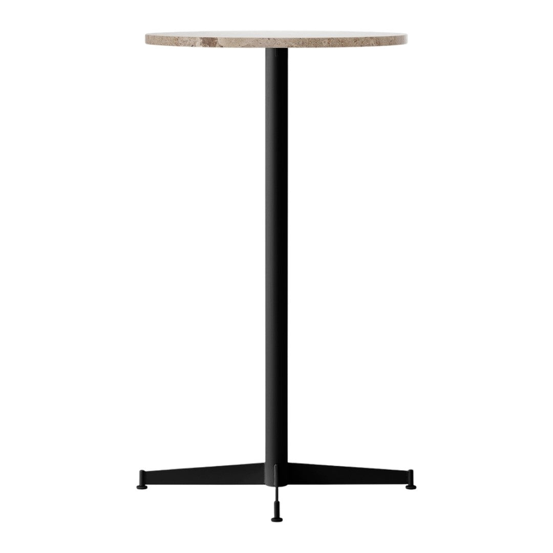 Round marble tabletop with a natural stone pattern, supported by a sleek black metal base. Modern and minimalistic design.