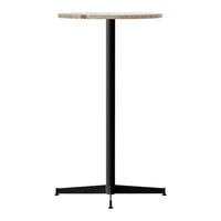 Round marble tabletop with a natural stone pattern, supported by a sleek black metal base. Modern and minimalistic design.