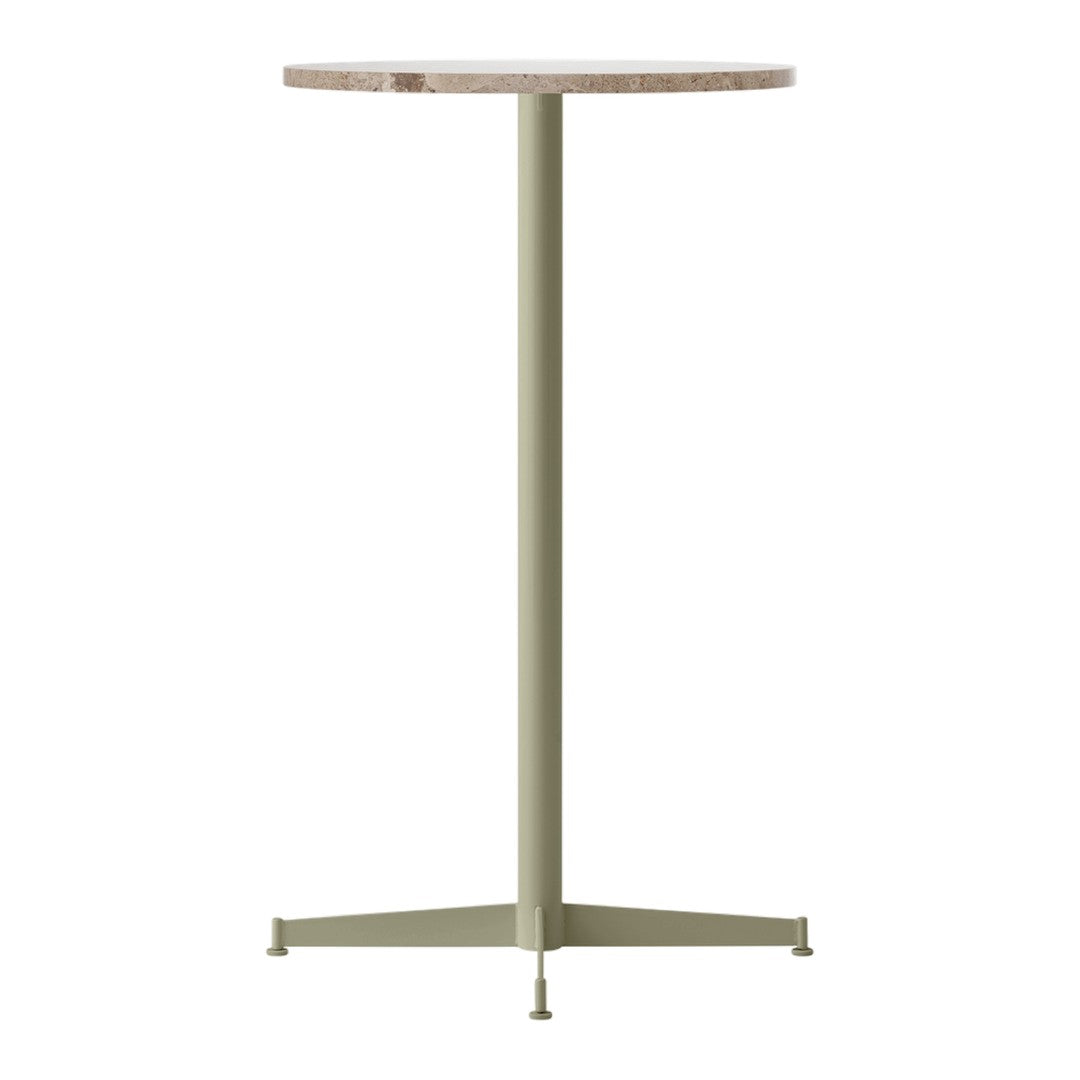 Round tabletop in natural wood finish with a light green metal base, minimalist design, ideal for modern decor.
