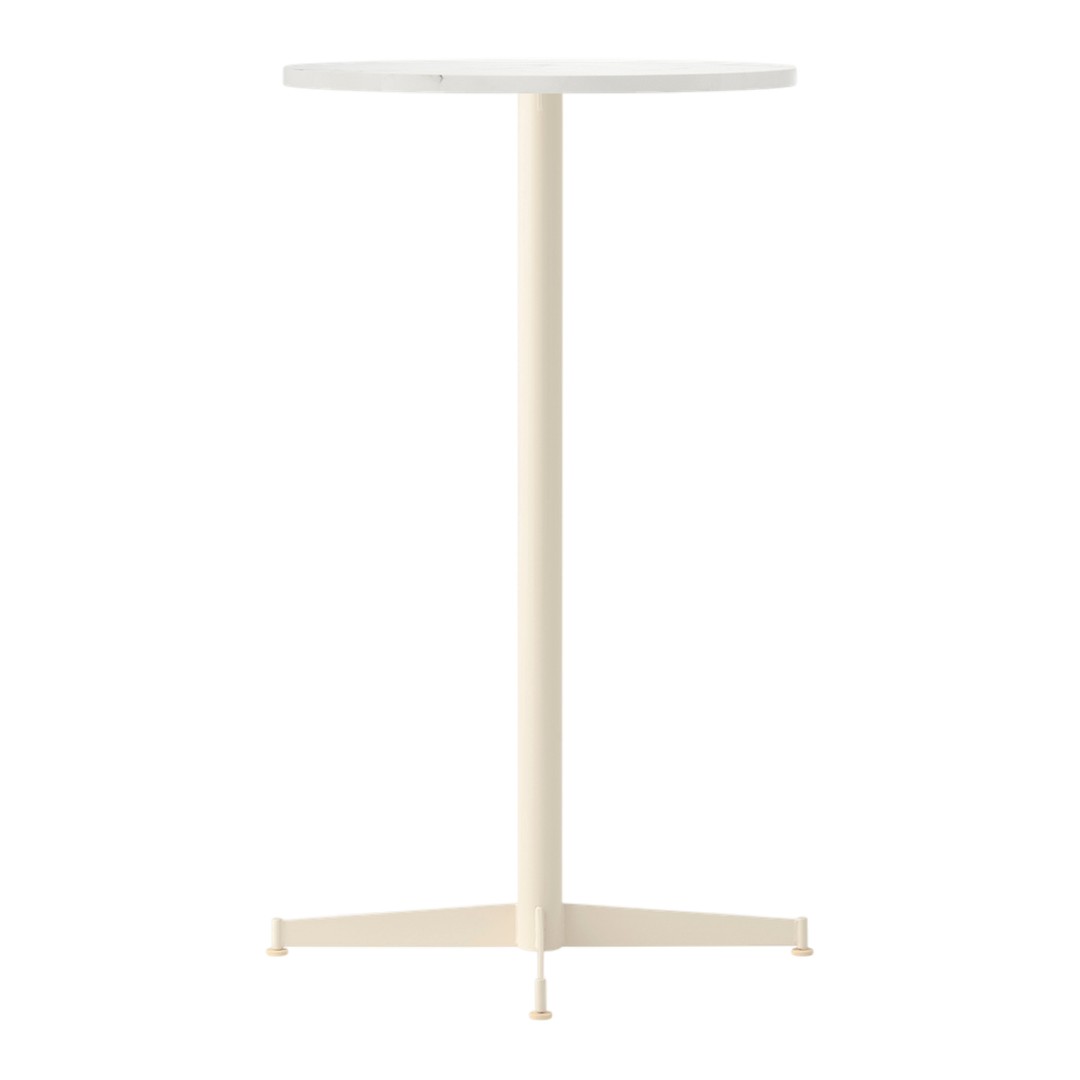 Round white tabletop with a sleek cream-colored metal base, minimalistic design, perfect for modern spaces.