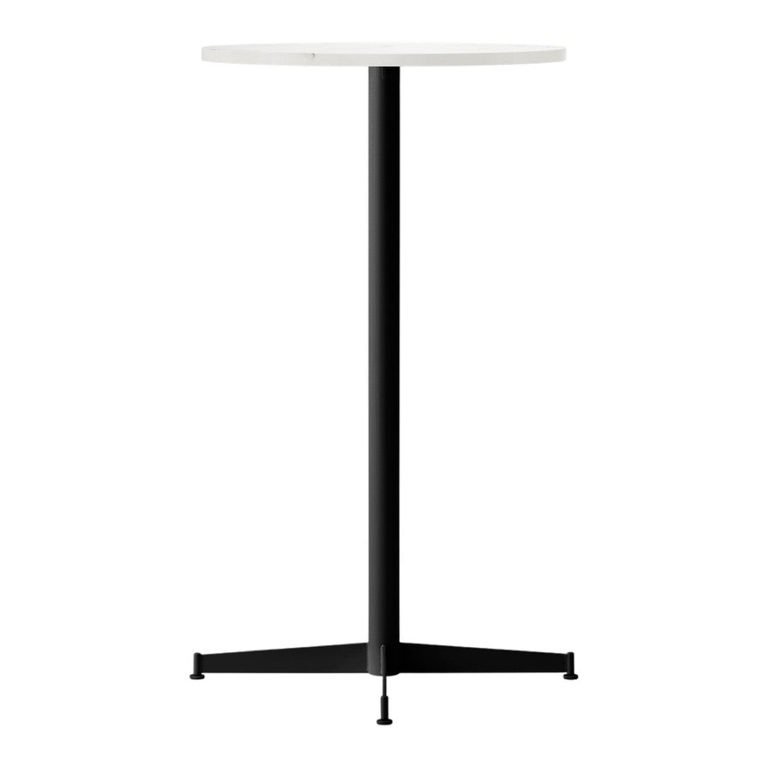 Modern black metal table base with a round white tabletop, sleek and minimalist design, perfect for contemporary spaces.