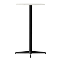 Modern black metal table base with a round white tabletop, sleek and minimalist design, perfect for contemporary spaces.