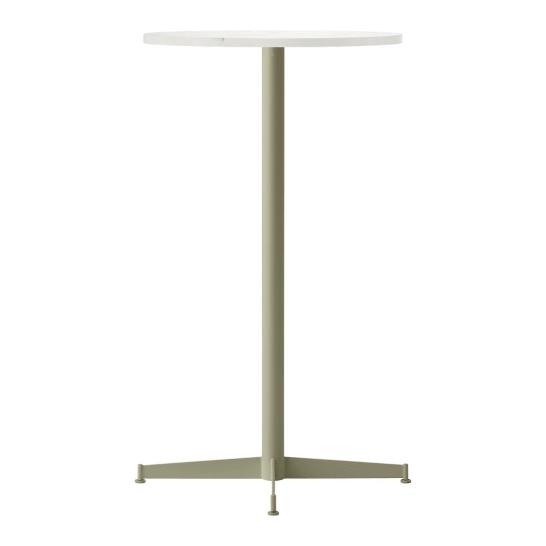 White round tabletop with a light olive green metal base, featuring a sleek, minimalist design.