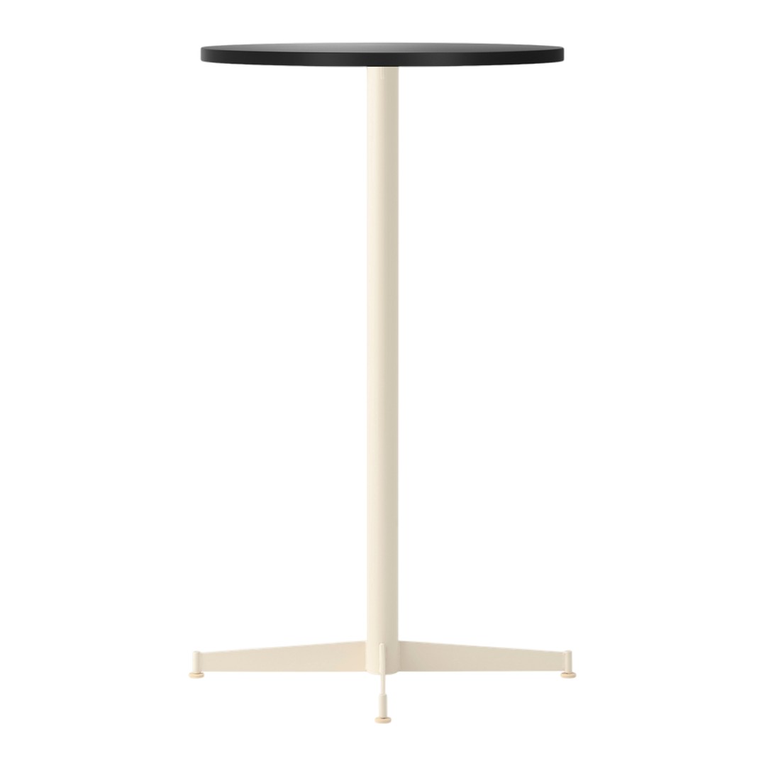 Minimalist round table featuring a black top and cream-colored, sturdy base. Perfect for modern decor.