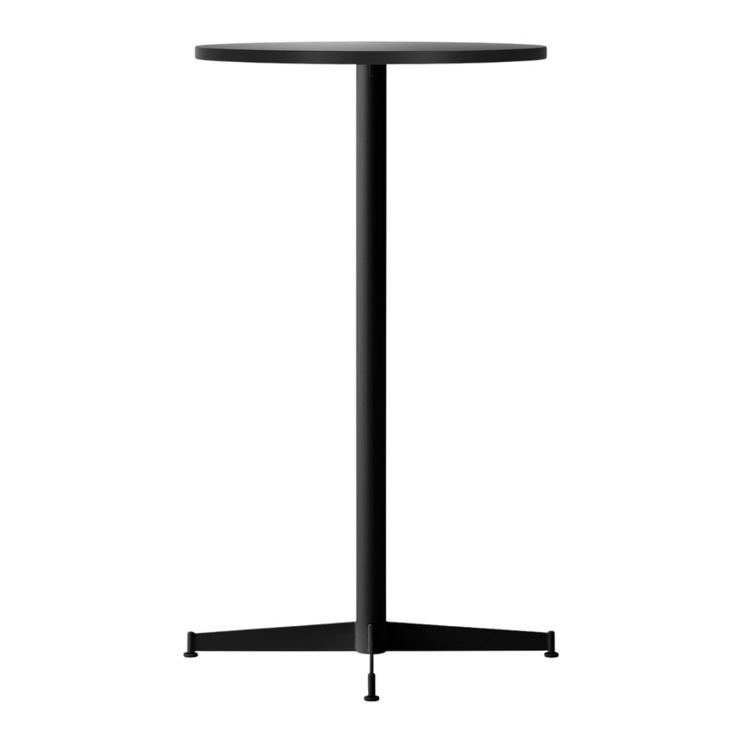 Sleek black round table with a minimalist design and sturdy tripod base. Perfect for modern decor.
