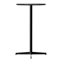Sleek black round table with a minimalist design and sturdy tripod base. Perfect for modern decor.