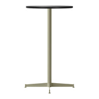 Black round tabletop with a light olive green tripod base, featuring a sleek, minimalist design.