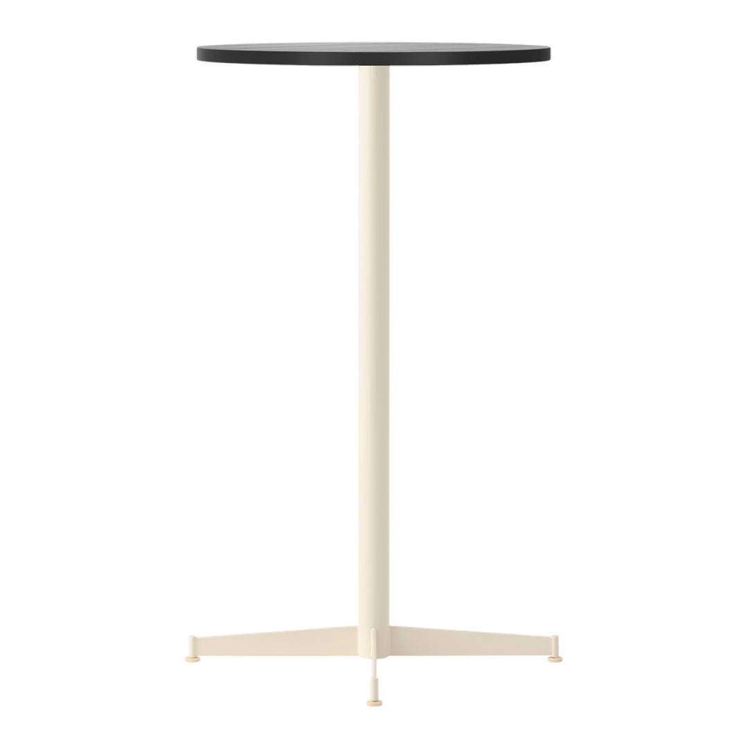 Black round tabletop with a cream-colored metal base, minimalist design, perfect for modern decor.