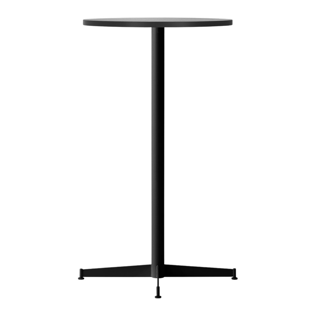 Black round table with a sleek, minimalist design and a sturdy triangular base. Perfect for modern decor.