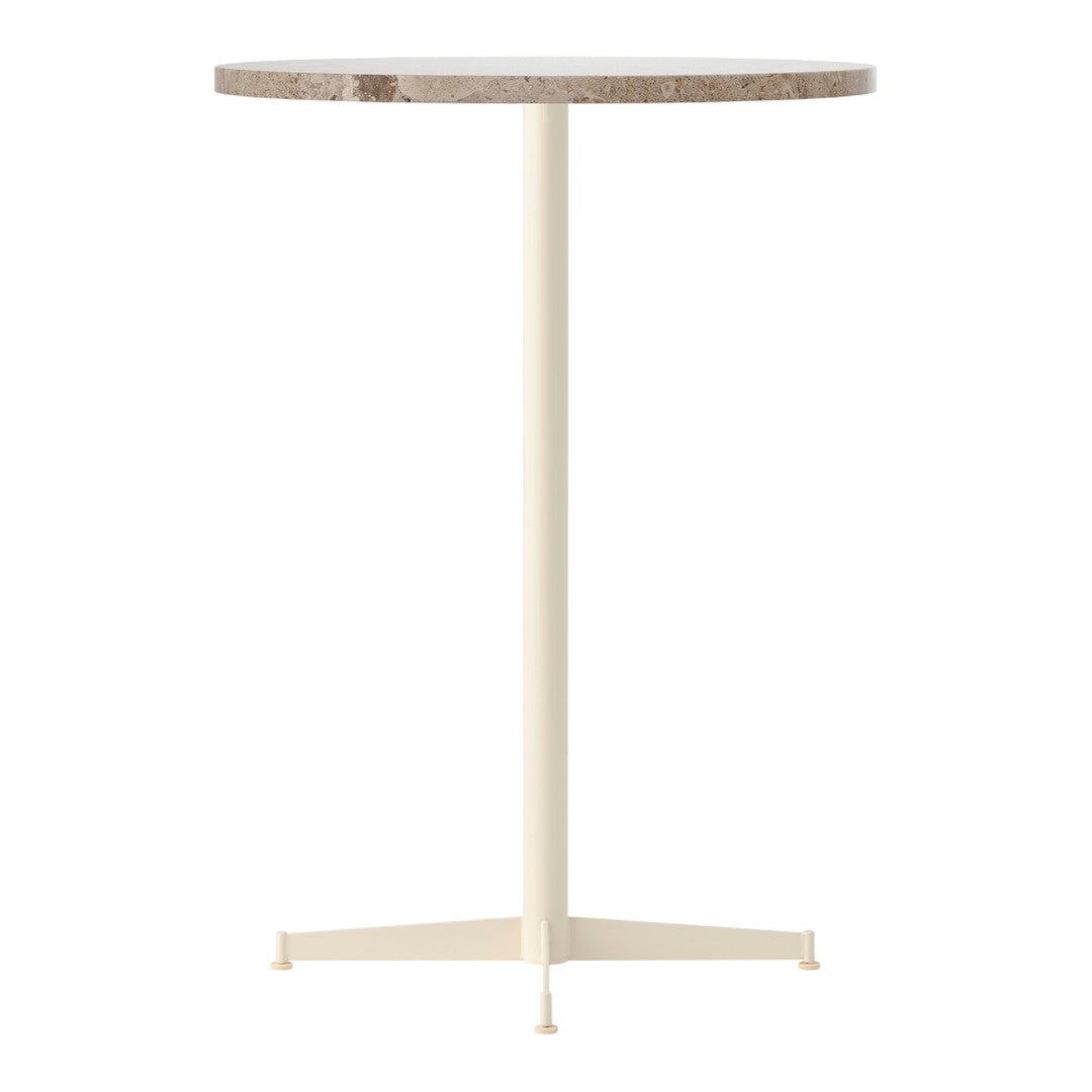 Round tabletop with a light wood grain pattern on a beige base, featuring a minimalist design and clean lines.