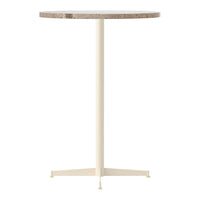 Round tabletop with a light wood grain pattern on a beige base, featuring a minimalist design and clean lines.