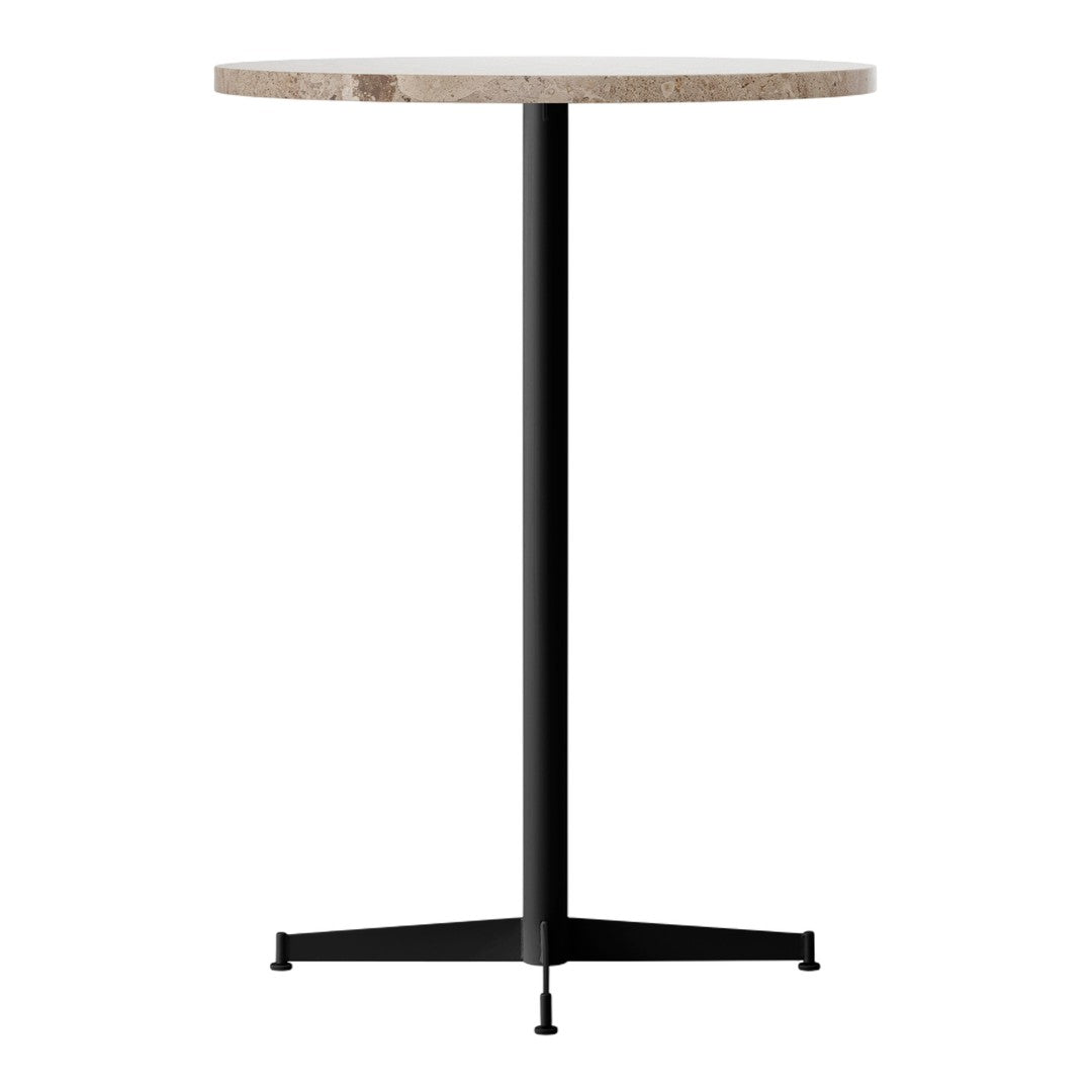 Modern round table with a light wood top and a sleek black metal base, perfect for minimalist decor.