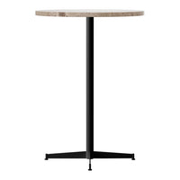Modern round table with a light wood top and a sleek black metal base, perfect for minimalist decor.