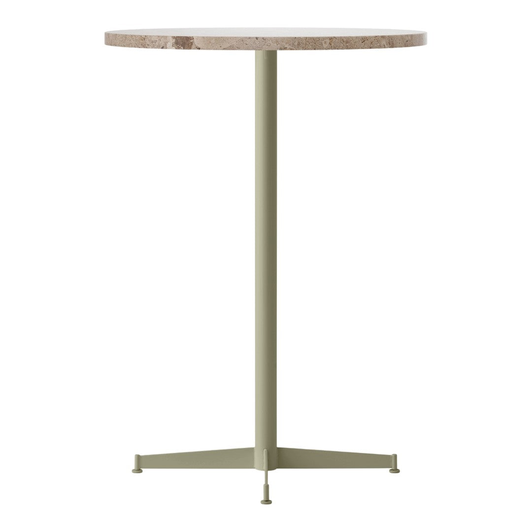 Round table with a beige patterned top and a light olive green base, perfect for modern decor.