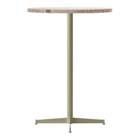 Round table with a beige patterned top and a light olive green base, perfect for modern decor.