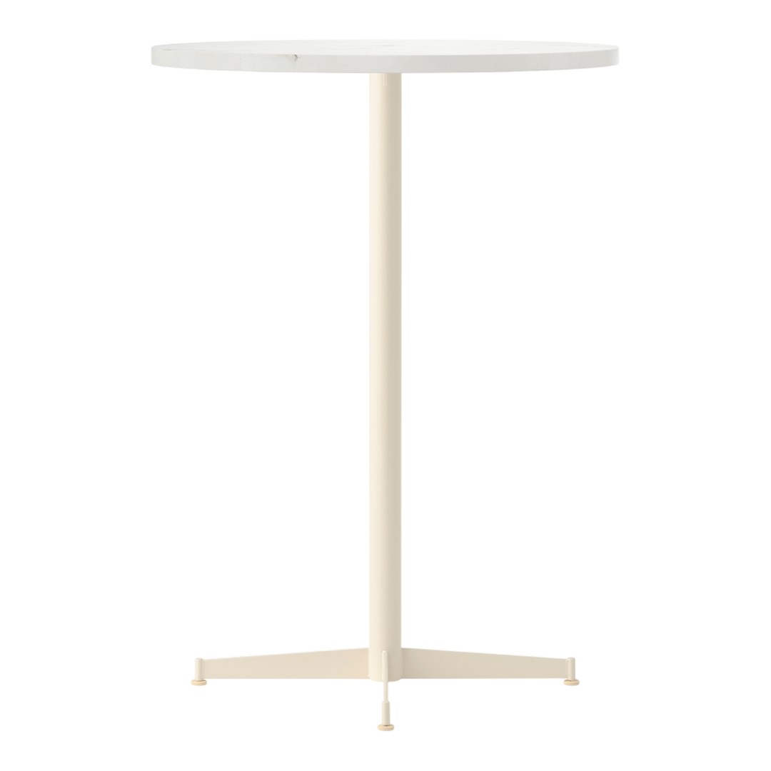 Round white tabletop with a smooth surface and a light cream-colored three-legged base. Modern and minimalist design.