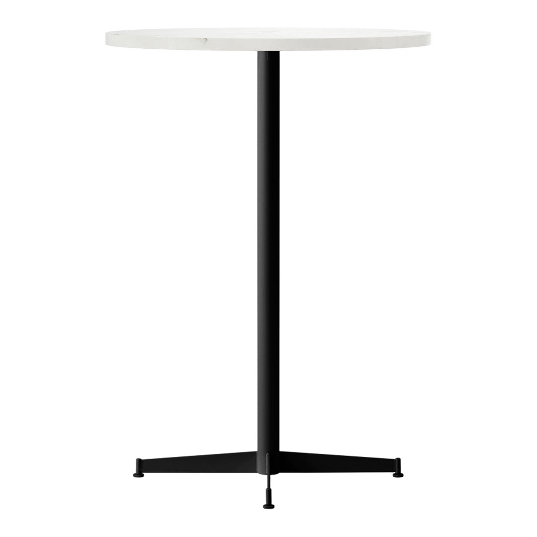 White round tabletop with a sleek black metal base, showcasing a modern minimalist design.