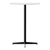 White round tabletop with a sleek black metal base, showcasing a modern minimalist design.