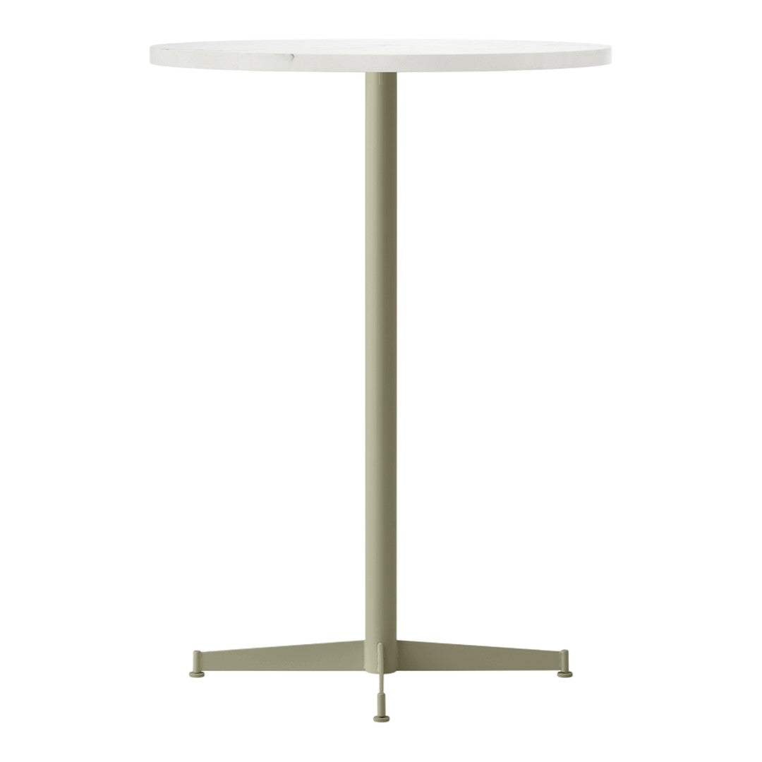 Round white tabletop with a sleek olive green metal base, minimalist design for modern decor.