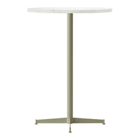 Round white tabletop with a sleek olive green metal base, minimalist design for modern decor.