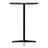 Black round table with a sleek, minimalist design and a sturdy tripod base, perfect for modern decor.