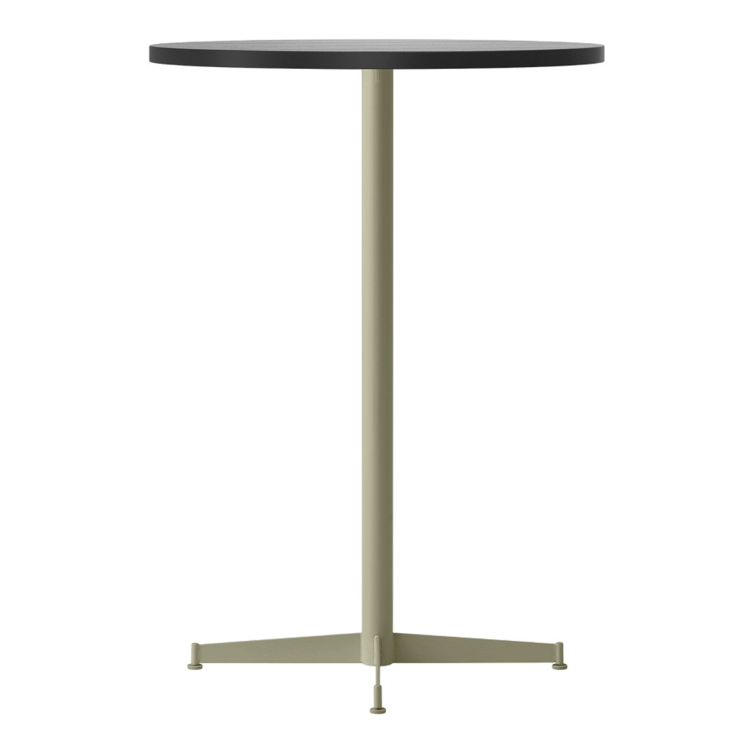 Round black tabletop with a sleek olive green metal base, featuring a minimalist design and modern aesthetic.