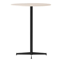 Round tabletop in light wood finish with a sleek black metal stand. Minimalist design, perfect for modern spaces.