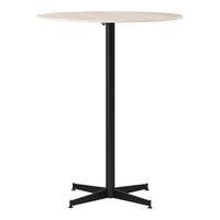 Round wooden tabletop in light beige with a sleek black metal base. Modern and minimalistic design.
