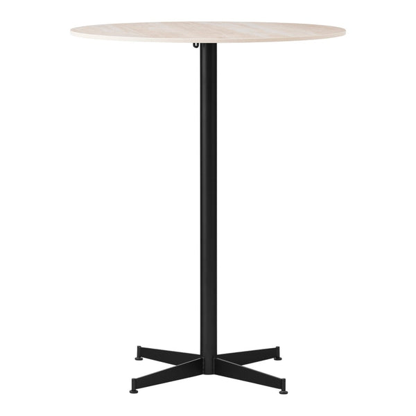 Round wooden tabletop in light beige with a sleek black metal base. Modern and minimalistic design.