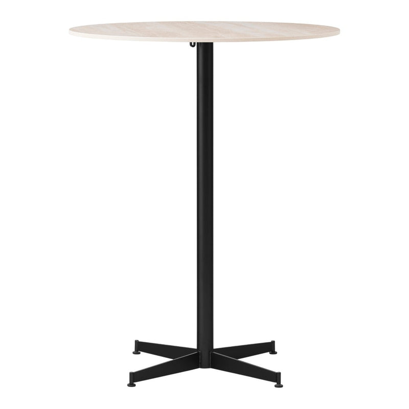 Round wooden tabletop in light beige with a sleek black metal base. Modern and minimalistic design.