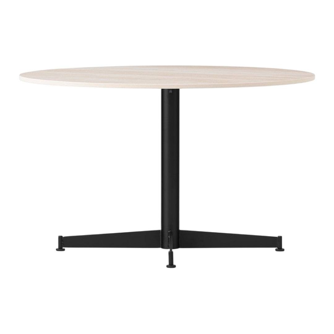 Round wooden table with a light wood surface and sleek black metal pedestal base. Minimalist design.