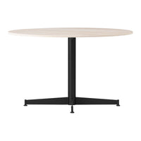 Round wooden table with a light wood surface and sleek black metal pedestal base. Minimalist design.