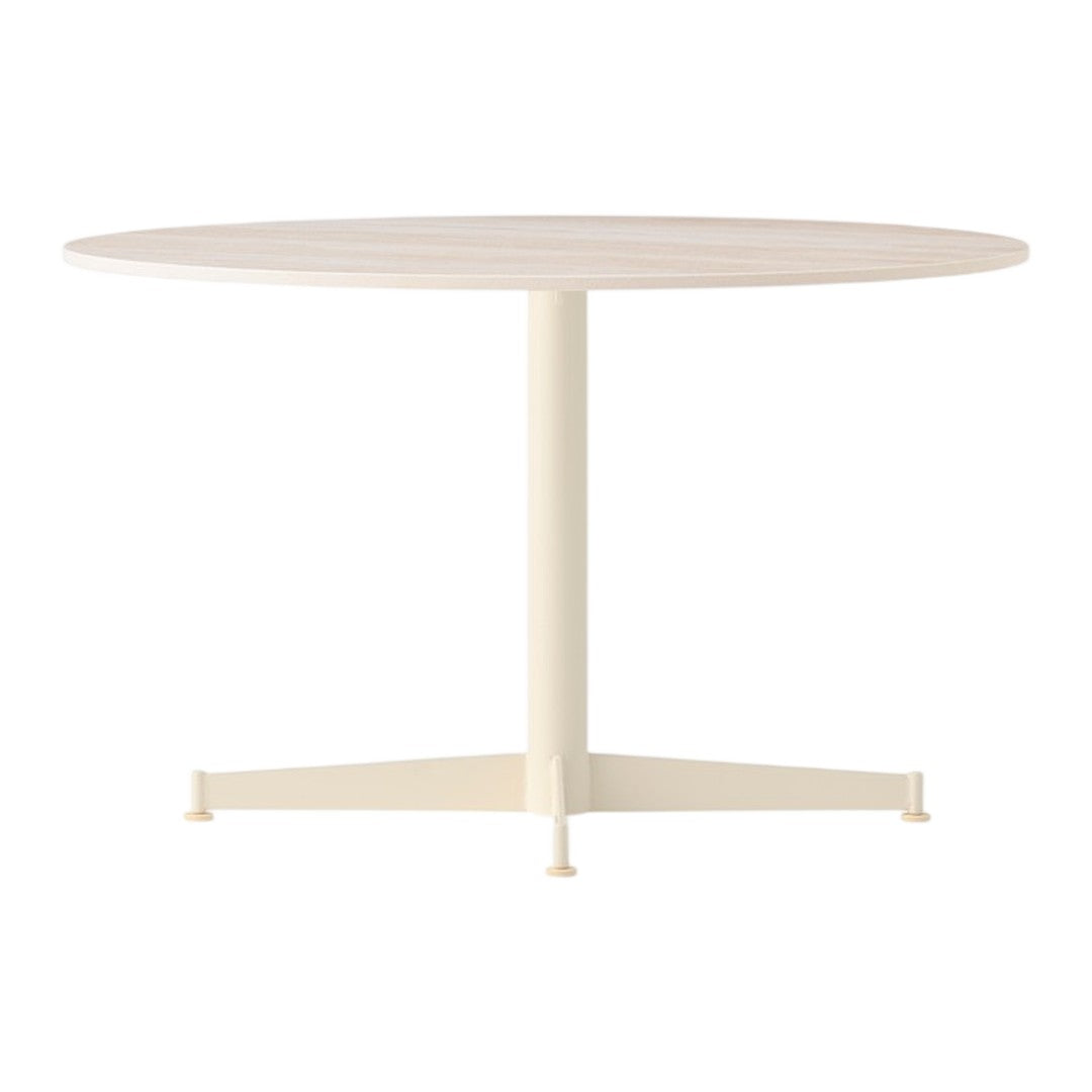 Round table featuring a light wooden top and a cream-colored base. Minimalist design with no patterns.