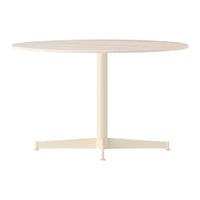 Round table featuring a light wooden top and a cream-colored base. Minimalist design with no patterns.