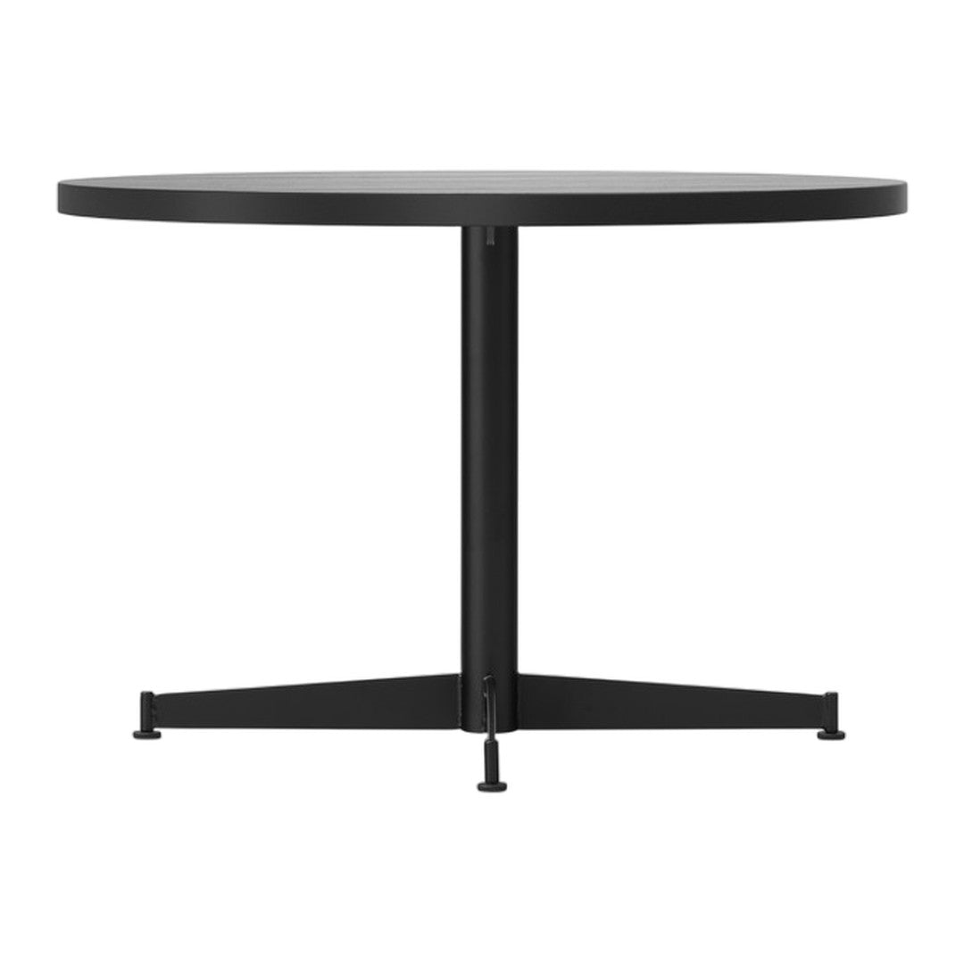 Round black table with a minimalist design and a sturdy black metal base, perfect for modern decor.