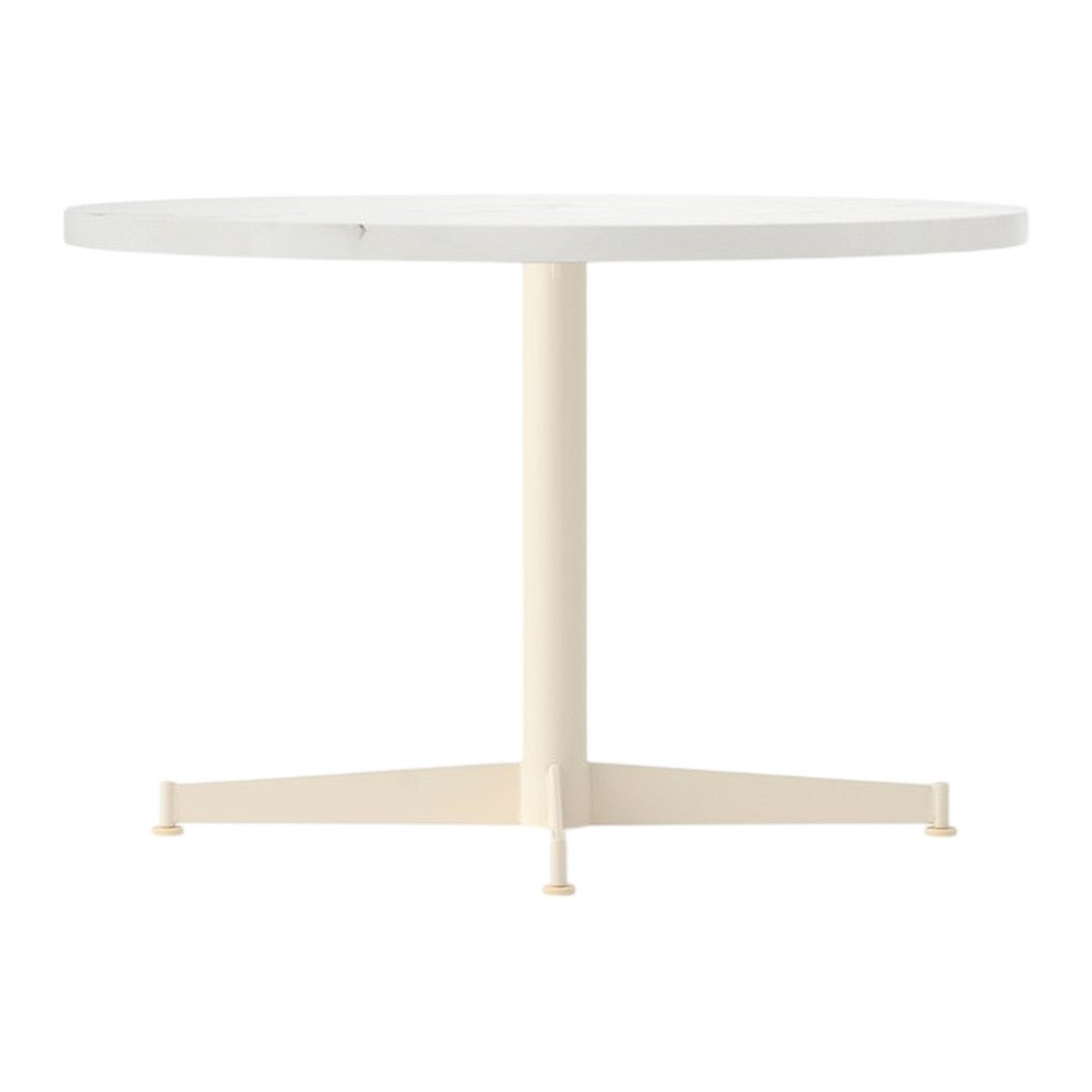 Round white table with a smooth finish and a beige base, featuring a minimalist design and clean lines.