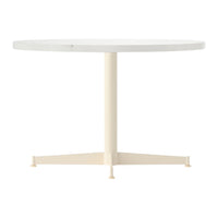 Round white table with a smooth finish and a beige base, featuring a minimalist design and clean lines.