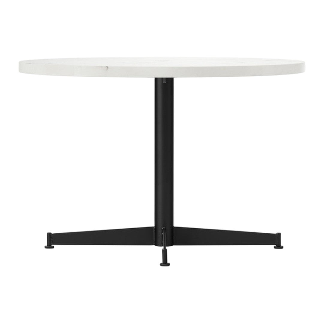 Round white tabletop with a sleek black tripod base, perfect for modern decor.