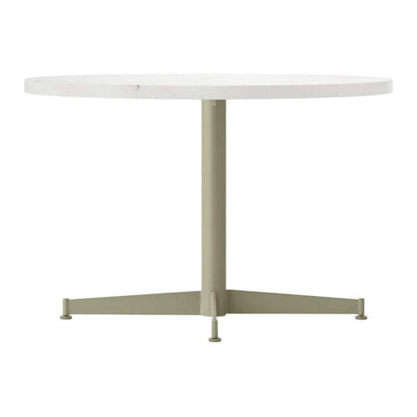 Round table with a sleek white top and a muted green base, featuring a minimalist design and simple lines.