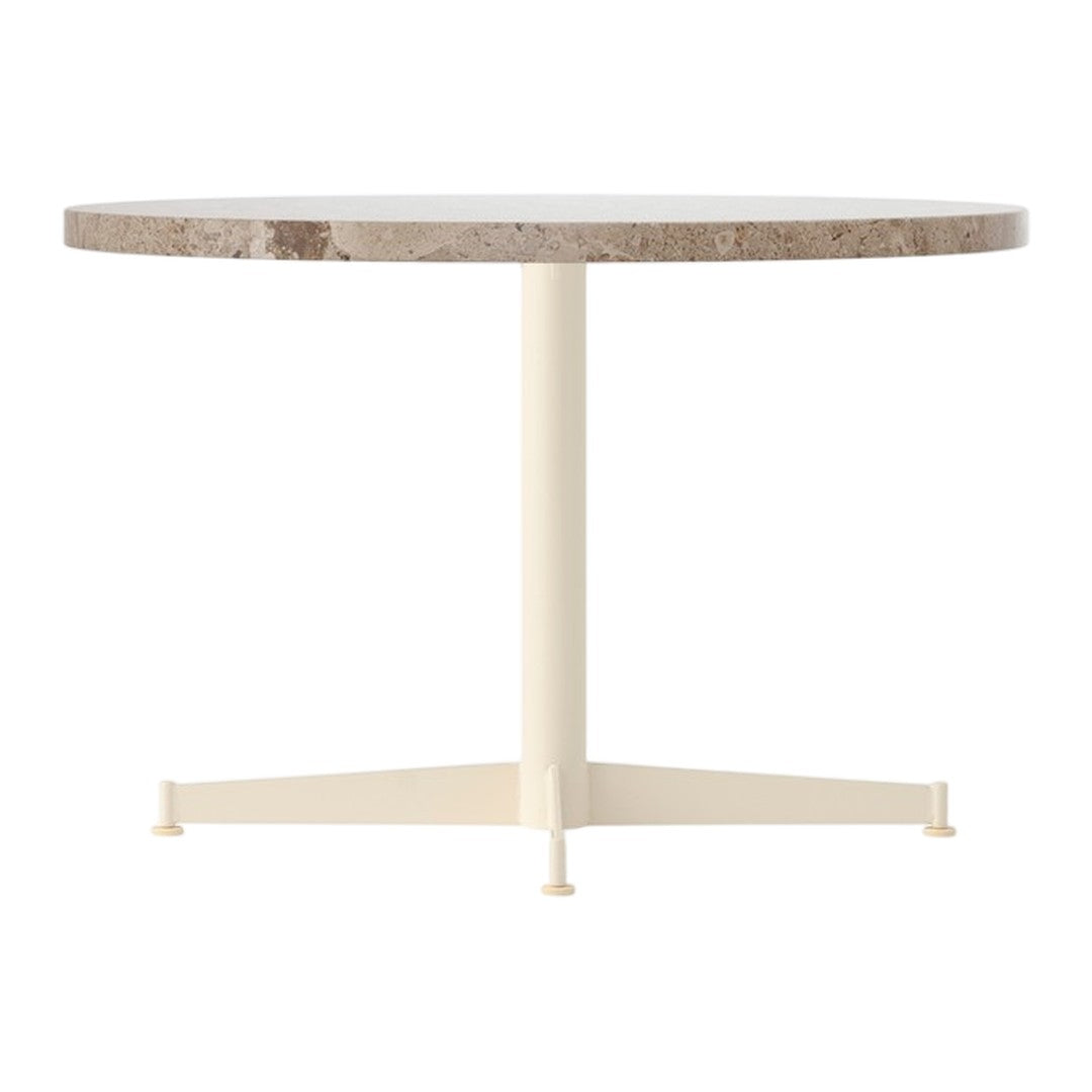Round table with a textured, gray marble surface and a smooth, cream-colored base. Ideal for modern decor.