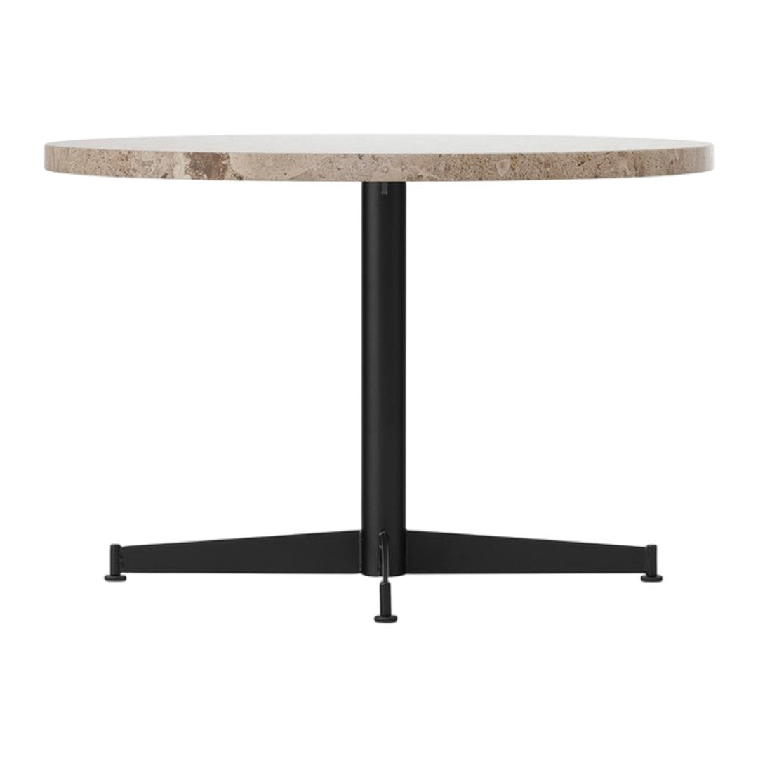 Round table with a light stone top and a sleek black metal base, featuring a minimalist design and neutral colors.